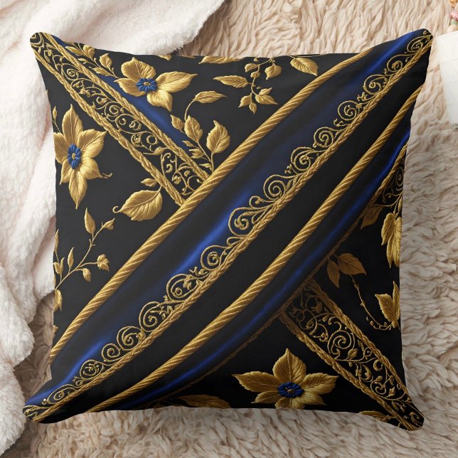 Coussin fausse broderie Blue Gold Flowers noir (Créateur téléchargé)