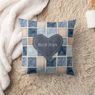 Coussin Fausse crème denim bleu jean coeur