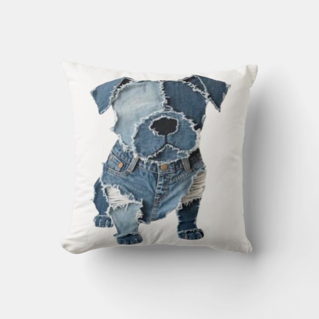 Coussin Faux Denim Patchwork Chien (Recto)