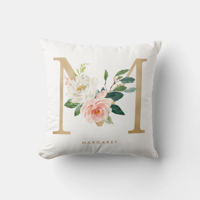 Coussin Faux Gold Foil Floral Lettre M Monogram Nursery (Recto)