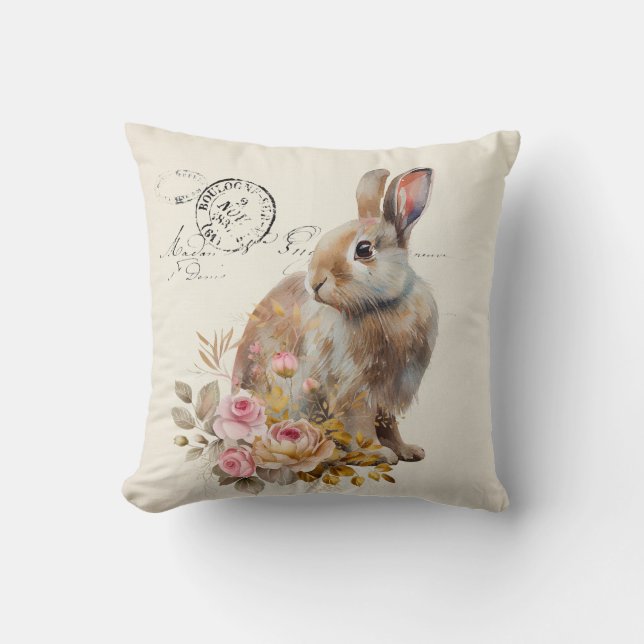 Coussin Faux lin français Lapin avec rose (Recto)