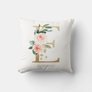 Coussin Faux Monogramme Lettre E Floral Feuille D'Or