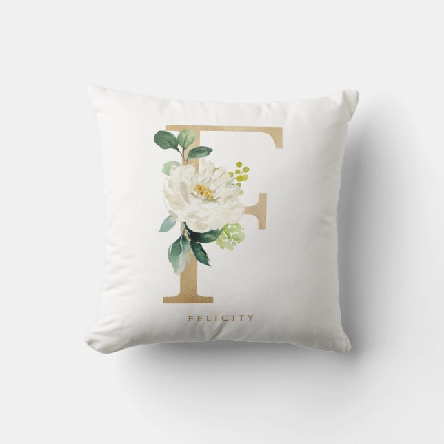 Coussin Faux papier d'or floral lettre F monogramme (Recto)