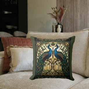 Coussin Faux vitrail paons jumeaux miroitants