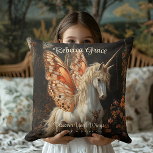 Coussin Fée Licorne Blanche avec des Ailes de Papillon Ora