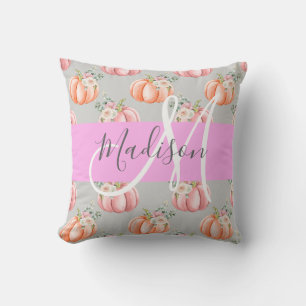 Coussin Féminin Floral Gris Rose Pêche Citrouille Monogram