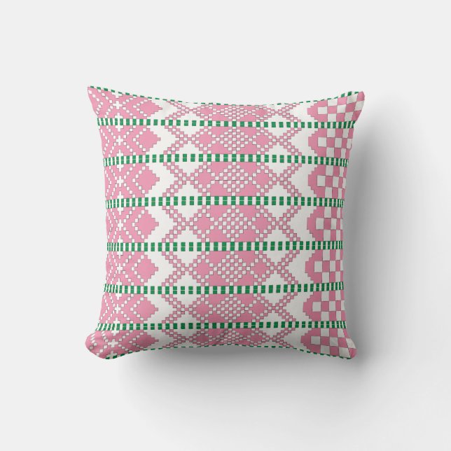 Coussin Feminine Art populaire tribal letton rose et blanc (Recto)