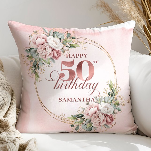 Coussin Feminine Rose Gold Floral 50th Birthday Pillow Gif (Feminine Rose Gold Floral 50th Birthday Pillow Gift)