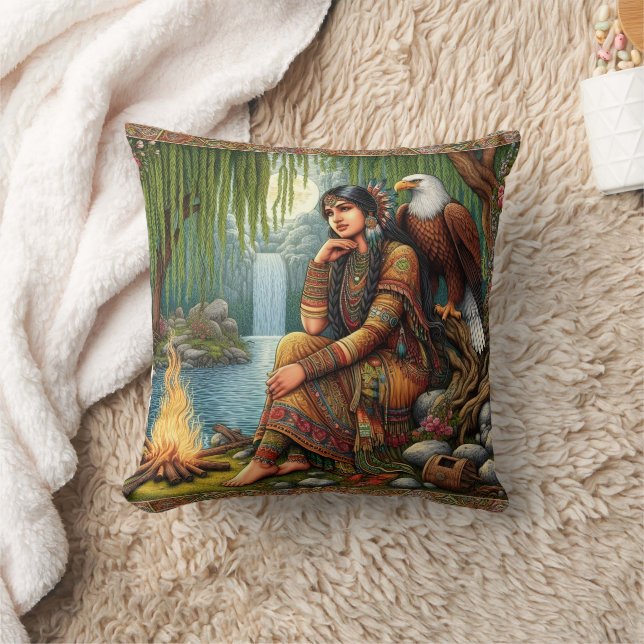 Coussin Femme amérindienne assise par le feu avec l'aigle (Couverture)