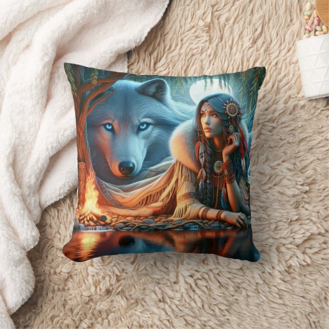 Coussin Femme Amérindienne Avec Loup Au Bord De L'Eau (Couverture)