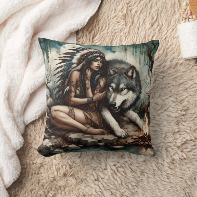 Coussin Femme amérindienne avec loup près du feu de camp (Couverture)