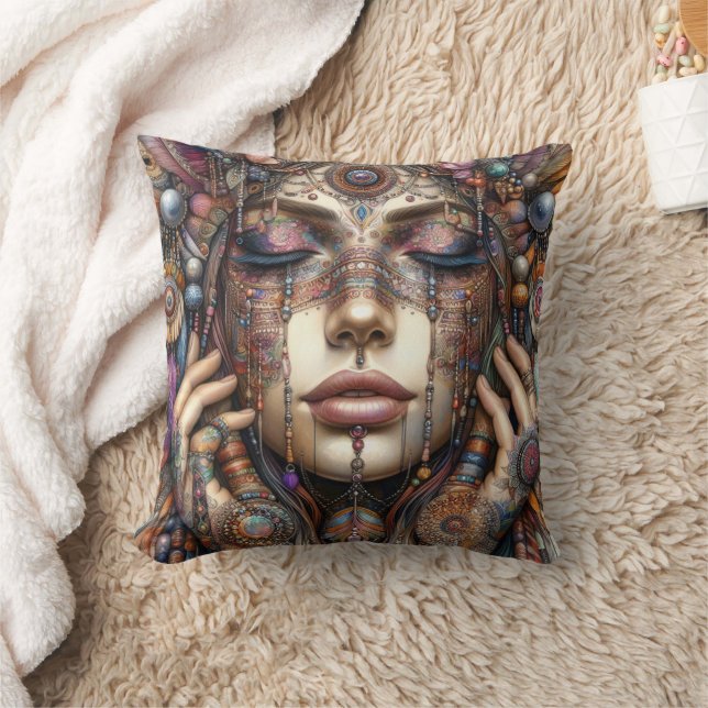 Coussin Femme avec ornementation tribale élaborée (Couverture)