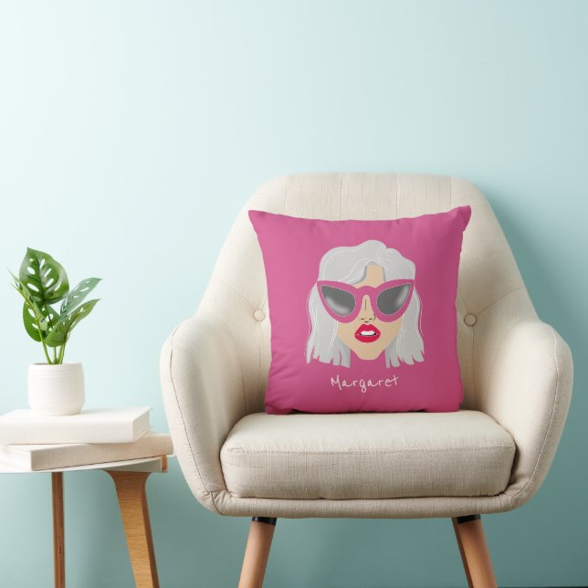 Coussin Femme cool à Haired Gris avec lunettes Nom personn (Chaise)