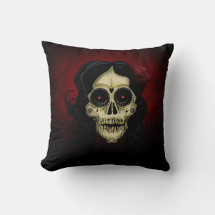 Coussin Femme Crâne de Sucre Gothique Rose Rouge Jour des