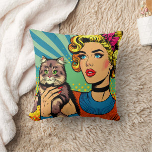 Coussin Femme de l'art pop cartoonistique tenant un chat