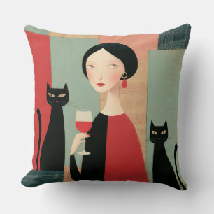 Coussin Femme Élégante Chats Noirs et Vin