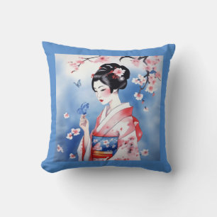 Coussin Femme japonaise avec un papillon bleu