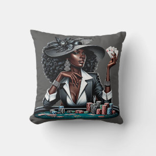 Coussin Femme noire Jeux Casino Cartes Poker Chips Art