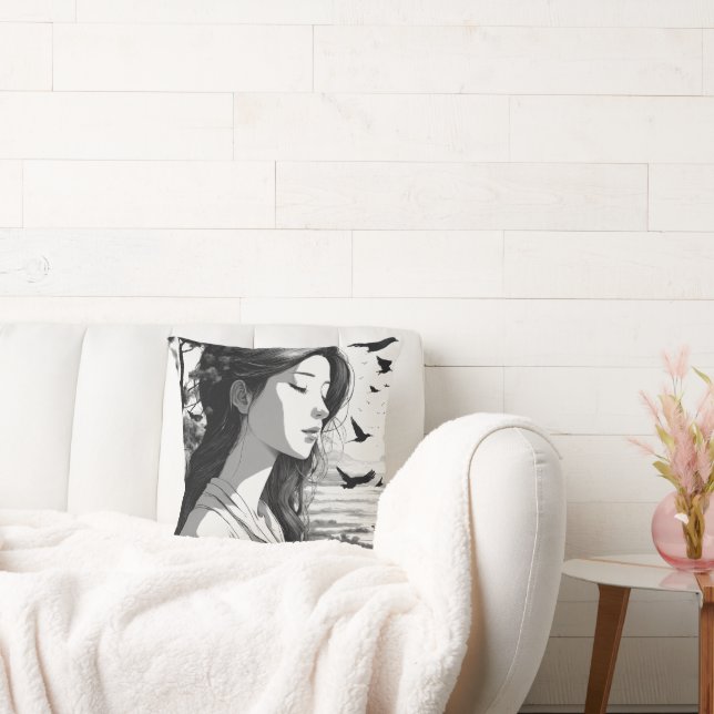 Coussin femme observant un oiseau les yeux fermés jeter l' (Canapé)