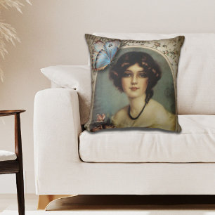 Coussin femme victorienne de papillon floral de mode vinta
