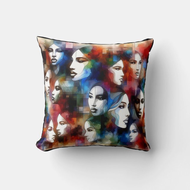 Coussin femmes face à l'abstraite aquarelle pop art (Recto)