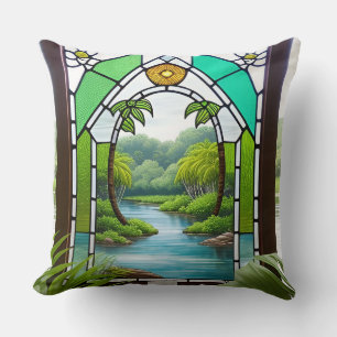 Coussin Fenêtre de verre coloré scène de la nature