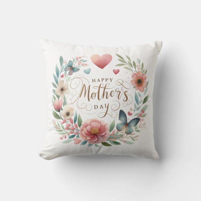 Coussin Fer de fleurs avec un papillon Joyeuse fête des mè (Recto)