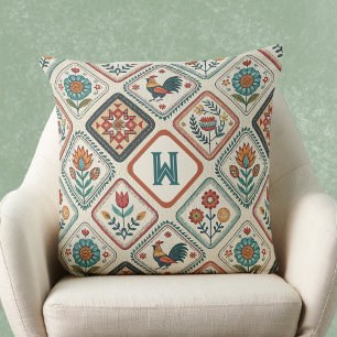 Coussin Ferme Folk Sage Vert et Orange Monogramme