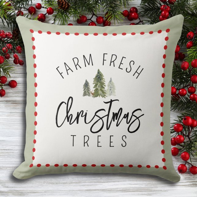 Coussin Ferme Fraîches Arbres de Noël Vert Aquarelle rouge (Créateur téléchargé)