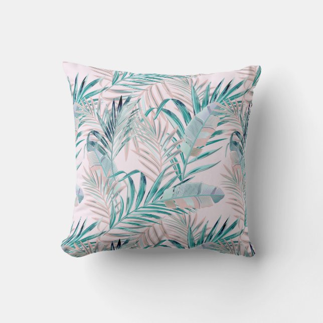 Coussin Fermes et plumes tropicales roses et Turquoises (Recto)
