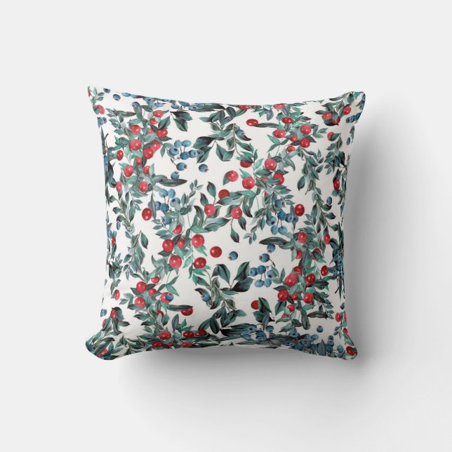 Coussin Festif de baies rouges et bleues à feuillage persi (Recto)