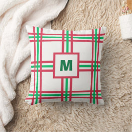 Coussin Festif Monogramme moderne Rouge Vert Plaid Vacance