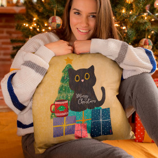 Coussin Festif Orange Cute Cat Café Joyeux Noël