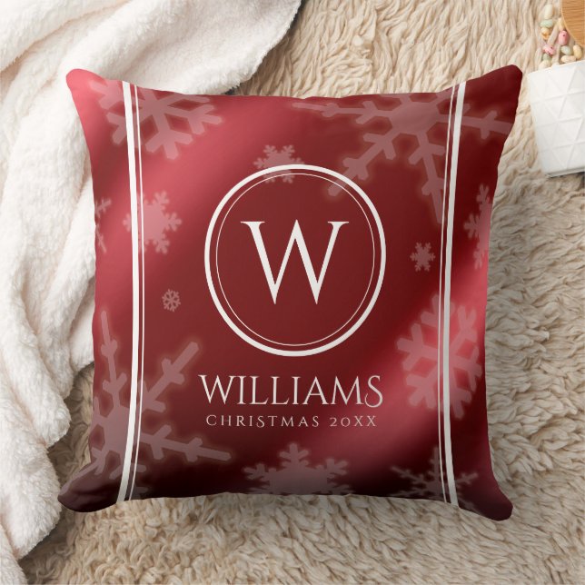 Coussin Festif Red Foil Snowflakes Nom du monogramme (Couverture)