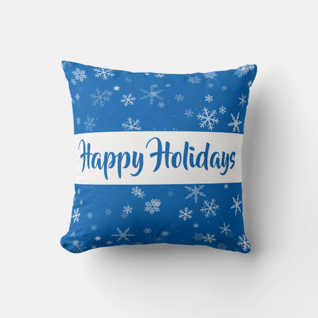Coussin Festive Blue Snowflake Motif Joyeux vacances (Recto)