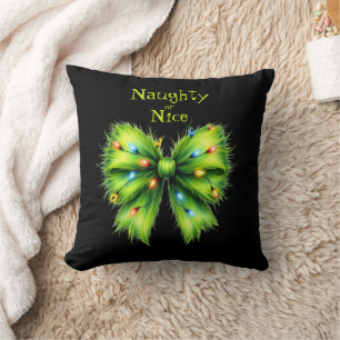 Coussin Festive Green Furry Bow-Lights Naughty ou Nice
