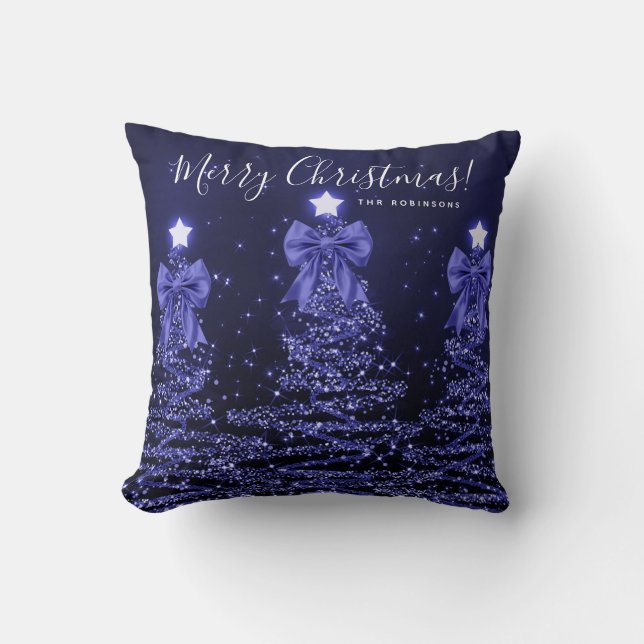 Coussin Festive Holiday Navy Christmas Trees Name  (Recto)