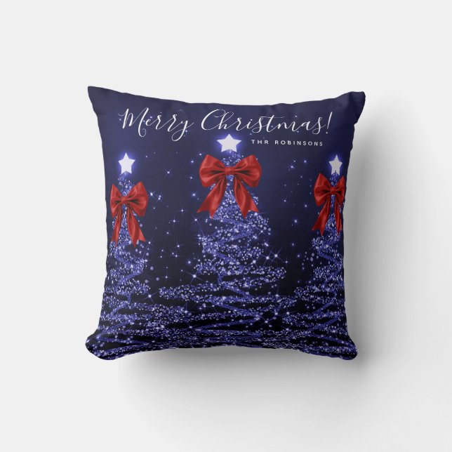 Coussin Festive Holiday Navy Christmas Trees Name Red  (Recto)