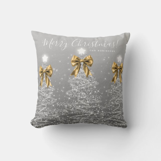 Coussin Festive Holiday Silver Christmas Trees Gold Name (Recto)