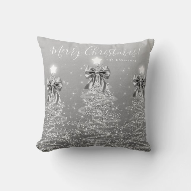 Coussin Festive Holiday Silver Christmas Trees w/ Name (Recto)