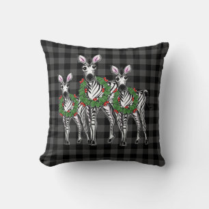 Coussin Festive Noël zèbres, xmas couronne, plaid gris