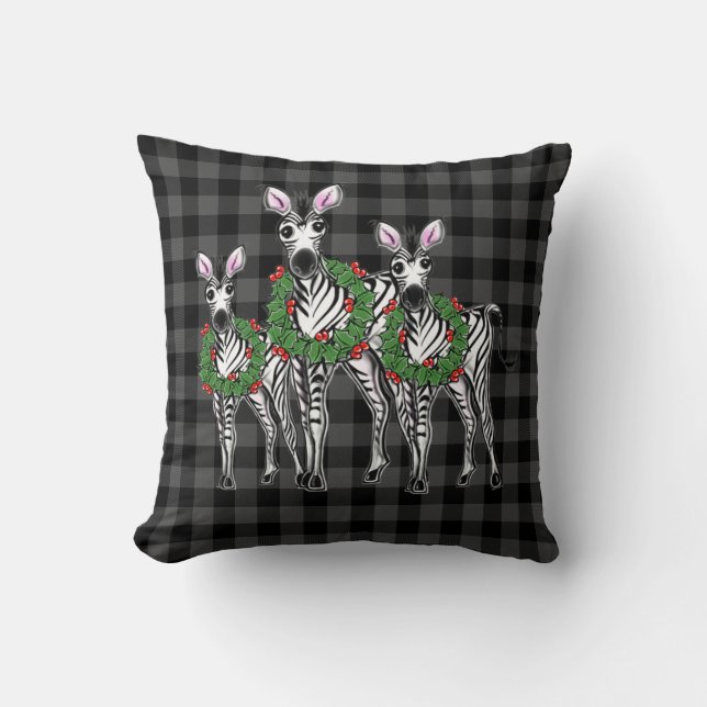 Coussin Festive Noël zèbres, xmas couronne, plaid gris (Recto)