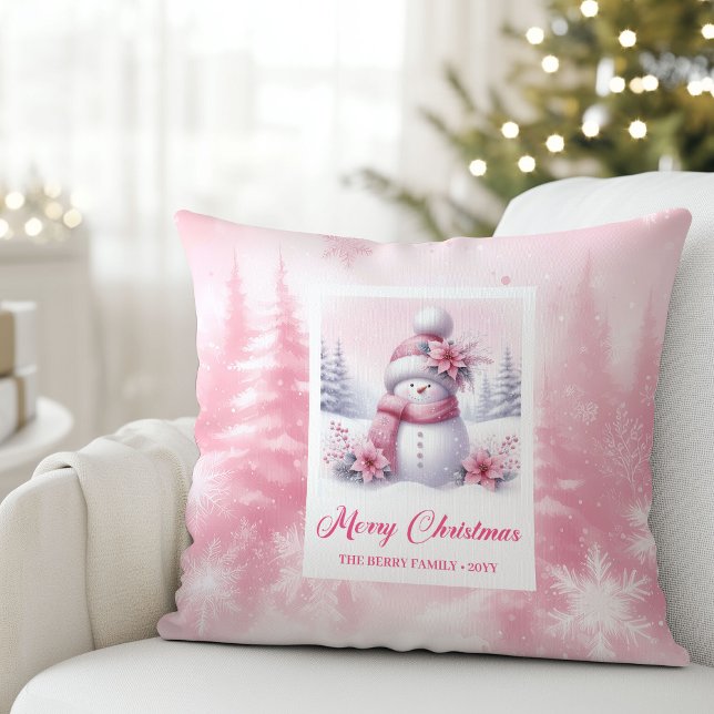 Coussin Festive Pink Snowman Winter Forest Kids Pillow (Festive Pink Snowman Winter Forest Kids Pillow)