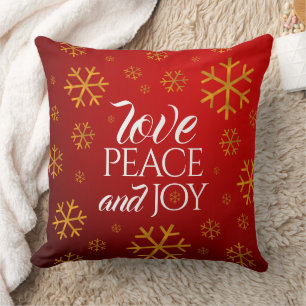 Coussin Festive Red Love, Peace and Joy with Snowflakes