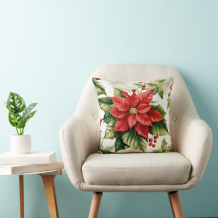 Coussin Festive Rouge Poinsettia Holly Berries Noël