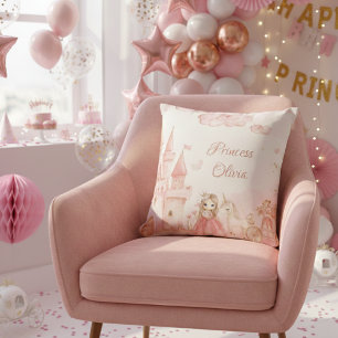 Coussin Fête d'anniversaire Licorne Château Rose Princesse