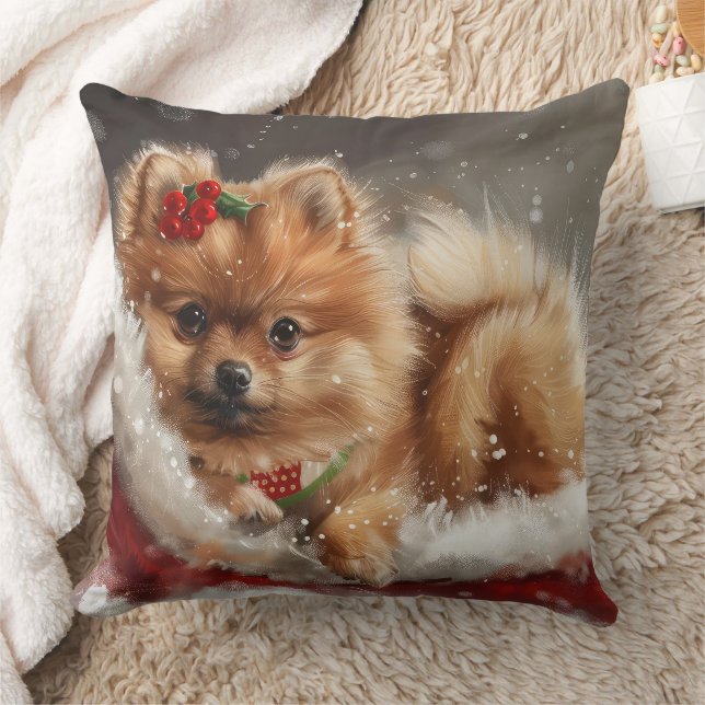 Coussin Fête de Noël de Chien de Poméranie (Couverture)