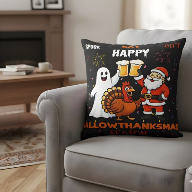 Coussin Fête des Hallothanksmas ! Ghost Turkey Père Noël B (Créateur téléchargé)