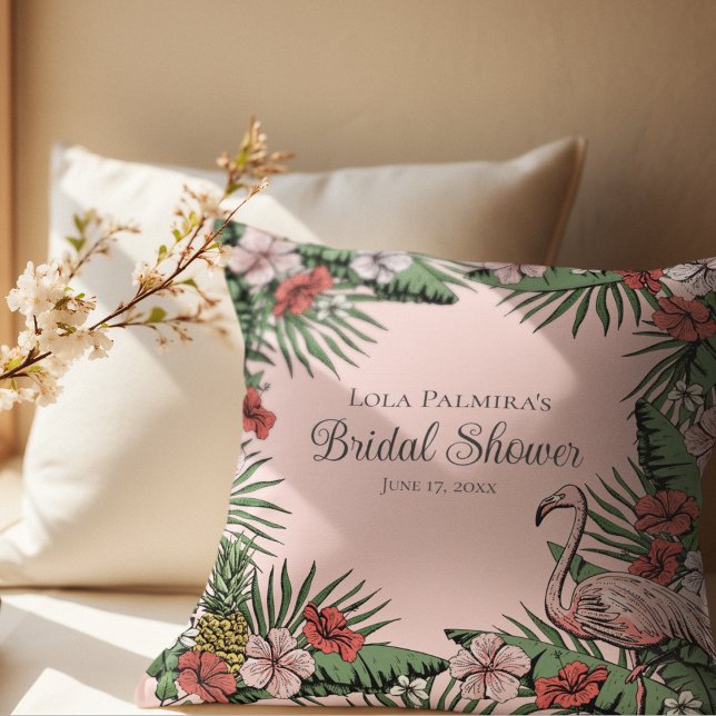 Coussin Fête des mariées de Flamant rose floral rose tropi (Elegant Hawaiian Bridal Shower  Design. Hand-Drawn Tropical Hibiscus Flowers, Flamingo, Pineapple)