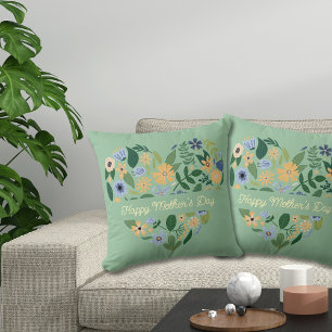 Coussin Fête des Mères Moderne Vert Bleu Cœur Floral
